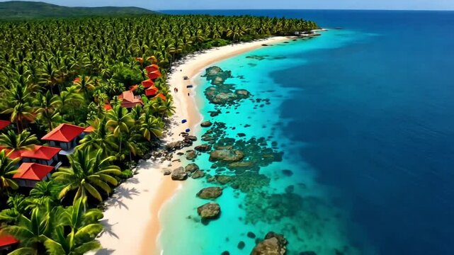 Exclusive private beach on paradise island, blue and emerald water in lagoon, white coral sand, living coral in shallow water and lush green tropical vegetation with coconut palms. 