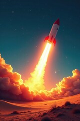 Obraz premium Rocket's blazing trail illuminating a clear desert sky, escape velocity, momentum, trajectory