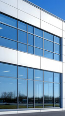 Modern building exterior, clear sky, trees reflected, business use
