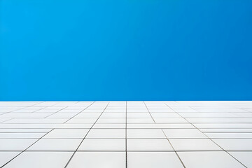 White tiled floor, clear blue sky.  Background for design