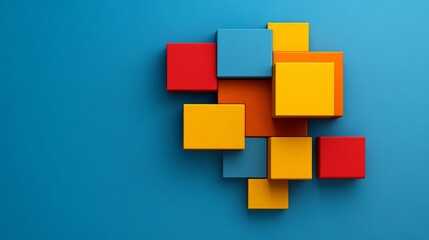 Abstract Colorful Cube Arrangement: A cluster of colorful cubes in vibrant red, yellow, and blue hues, arranged in an asymmetric pattern against a serene blue backdrop.