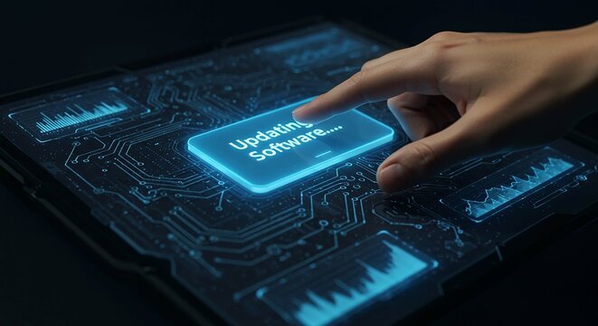 Futuristic Software Update Interface – Secure Digital Technology & Innovation with Hand Interaction for Modern System Maintenance
