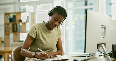 Business woman, writing and call center communication, computer planning and advice, service or...