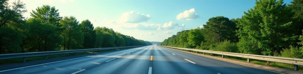 Fototapeta premium Serene highway under blue sky with trees on either side, bridge, highway, scenery