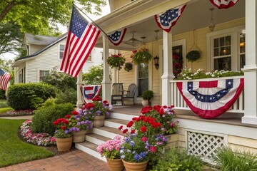 Festive Fourth of July Porch Decor: Patriotic Home Exterior Stock Photo