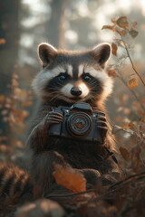 Obraz premium Curious raccoon captures wilderness moments with its camera in a sun-drenched forest at dawn. Generative AI