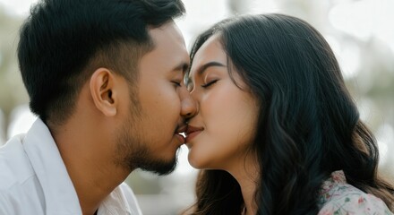 Naklejka premium Romantic moment between young asian couple outdoors - love and connection theme for engagement or relationship design