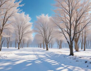 Fototapeta premium Row of beech trees blanketed with heavy snow and bare branches against a blue sky, beech row, serene woods