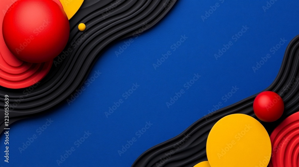 Poster abstract blue background with red and yellow spheres: a vibrant abstract composition features red an