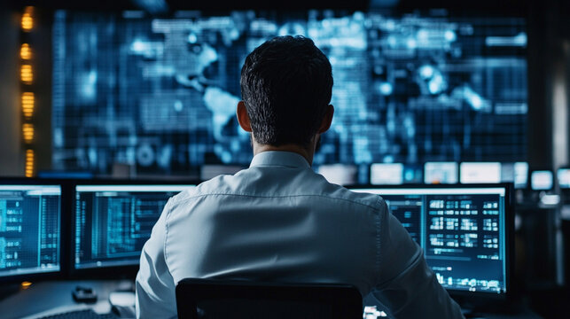 A professional monitors data and analytics on multiple screens in a modern tech workspace, showcasing digital expertise and focus.