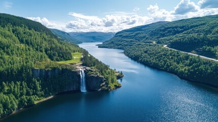 Waterfall river valley aerial landscape, scenic nature travel