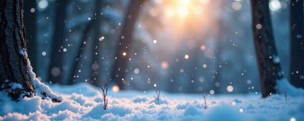 Sparkling silver snowflakes gently fall from the sky onto a forest floor, branches, landscape