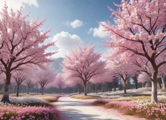 Fototapeta premium Scenic view of white and pink trees in full bloom in a springtime setting, flora, canvas, white, pink