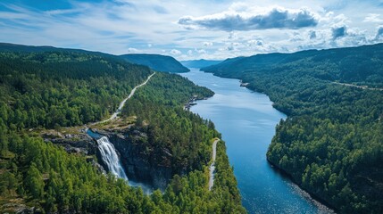 Waterfall, river valley, road, Norway, summer aerial view, nature landscape
