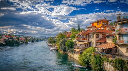 Fototapeta premium Picturesque Riverfront Houses in Mostar, Bosnia and Herzegovina