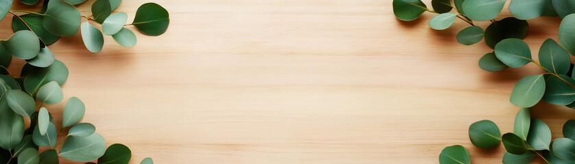 Fototapeta premium Natural eucalyptus leaves arranged on a wooden background, perfect for nature-themed designs.