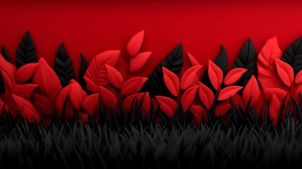 Red and Black Paper Leaves: A bold and modern design featuring paper cut leaves in vibrant red and black colors against a striking red background. Perfect for minimalist, contemporary design concepts.