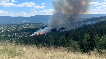 Fototapeta premium Dense smoke billows from forest fire, engulfing trees and threatening nearby homes. scene captures urgency and danger of wildfires