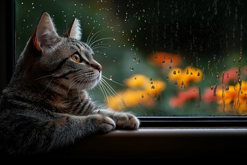 A serene scene of a cat watching rain from the window, enjoying the beauty of rainy days while colorful flowers enhance the peaceful atmosphere.