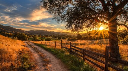 Obraz premium Golden Hour Countryside: A Serene Sunset Landscape
