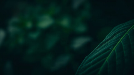Close up of green leaf with dew drops in lush forest setting