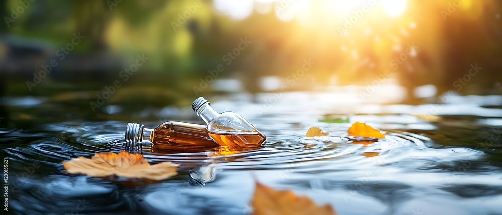 Poster sunlight glimmering on the surface of a tranquil stream highlighting the gentle drift of glass bottl