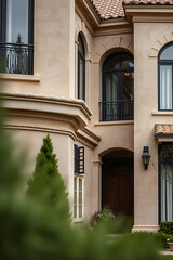 Naklejka premium Luxury House Exterior: Architectural Design and Landscaping. Classic Elegant Home with Stone Facade, Balcony, and Garden. Real Estate Property