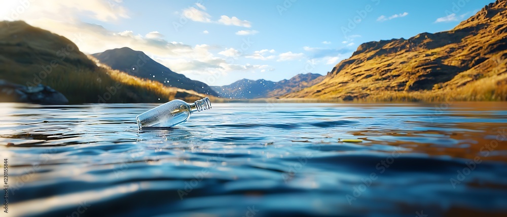 Poster tranquil and serene mountain reservoir with bottles drifting across the surface creating captivating