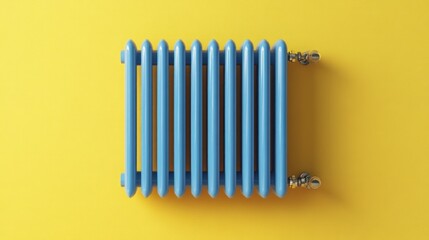 Obraz premium Blue radiator on yellow background, home heating