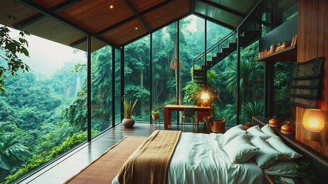 Luxurious bed with glass walls, seamless 4K virtual video animation background