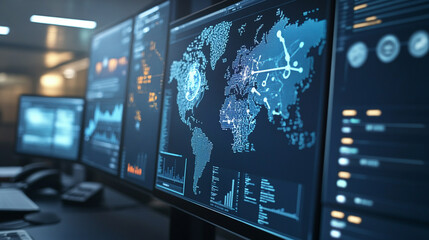 Close-up of multiple digital monitors displaying a detailed world map and analytics data for advanced technology applications.