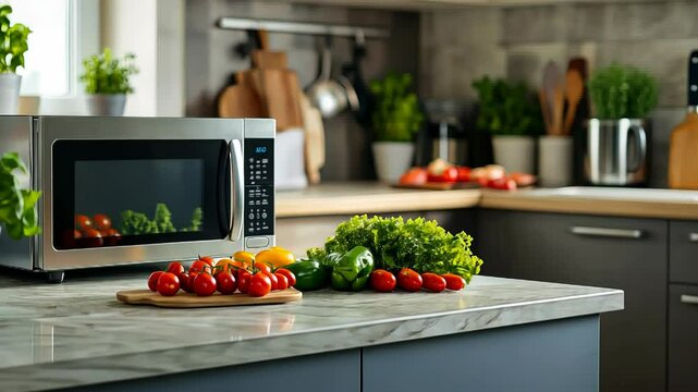 Modern Kitchen Interior with Microwave and Fresh Vegetables