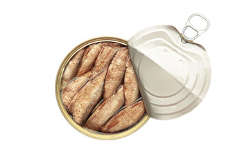 Opened can with sprats in oil isolated on white background
