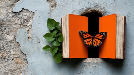 Butterfly and Book: A vibrant monarch butterfly alights upon an open orange book, symbolizing knowledge, imagination, and the beauty of nature. It's a captivating scene.