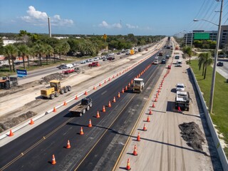 Florida Highway Construction: Aerial View of Fresh Asphalt, Heavy Machinery & Orange Cones