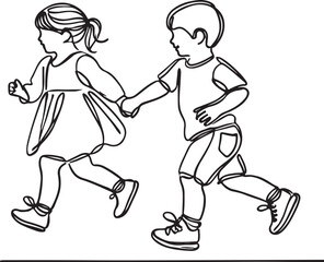 Toddler Bonding Captured in Line Art. Boy and Girl Running Hand in Hand – Creative Design Ideas