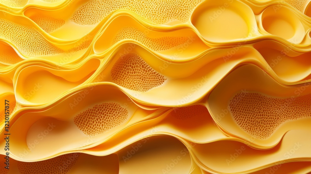 Poster abstract yellow 3d render of wavy layers with textured honeycomb pattern.