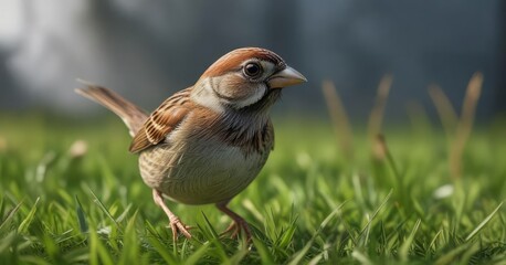 Small sparrow hopping along the grass stem with its beak poking out front, bird on grass, songbird