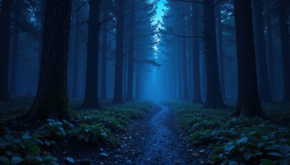 A dark forest with a serpentine path of twinkling blue stars, starlight, nocturnal, mysterious