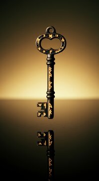 Ancient ornate skeleton key with runes reflected on dark golden surface