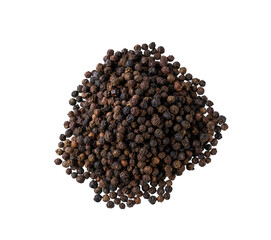 Pile black peppercorns isolated on white background, top view.