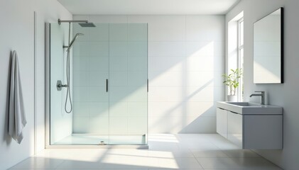Sleek minimalist shower, frameless glass, white tiles, architecture, small bathroom