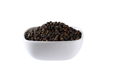 black pepper seeds in a ceramic bowl isolated on white background.