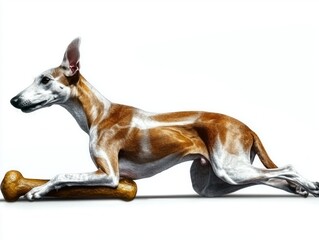 Whippet is captured in side view while happily chewing on bone. setting features pristine white background emphasizing dog's sleek form and playful demeanor.