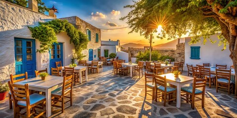 Obraz premium Folegandros Greece: Sun-Dappled Taverna Tables & Chairs - Idyllic Island Restaurant Scene