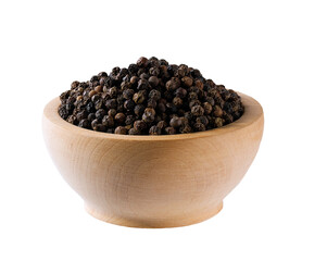 black pepper seeds in a wooden bowl isolated on white background.