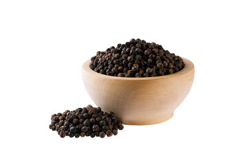 Wooden bowl with black peppercorns isolated on white background.
