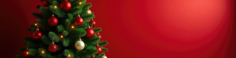 Fototapeta premium A large evergreen tree with ornaments and lights against a warm red wall, holiday, decor, lights