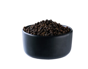 black ceramic bowl with black peppercorns isolated on white background.