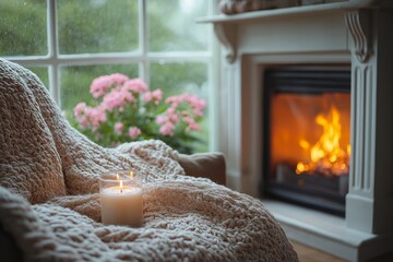 A cozy fireplace scene is perfect for those rainy days, inviting warmth and relaxation as soft blankets and candles create a serene atmosphere.